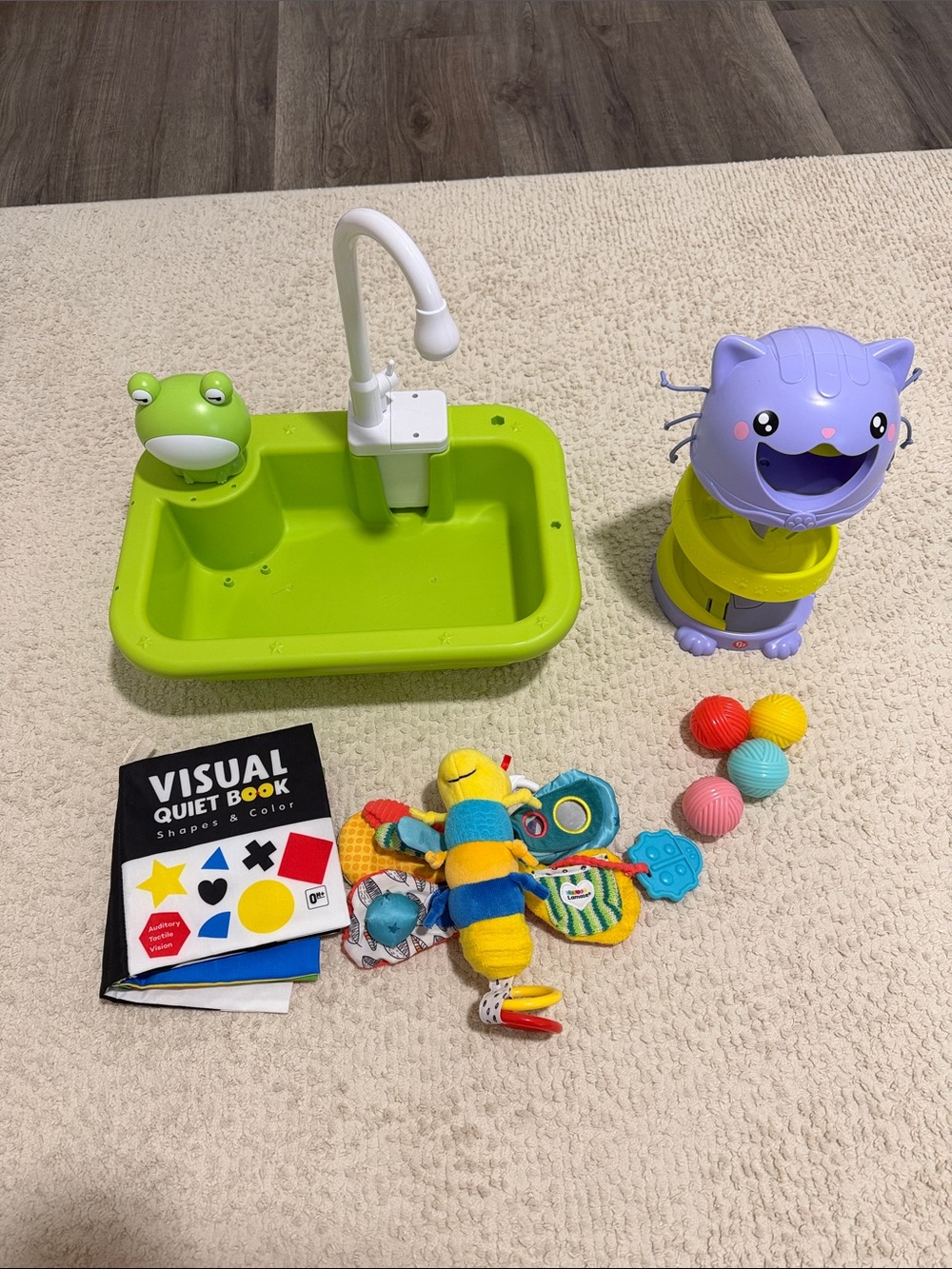 Toy set, ball ramp, visual tummy time book, play sink, toy